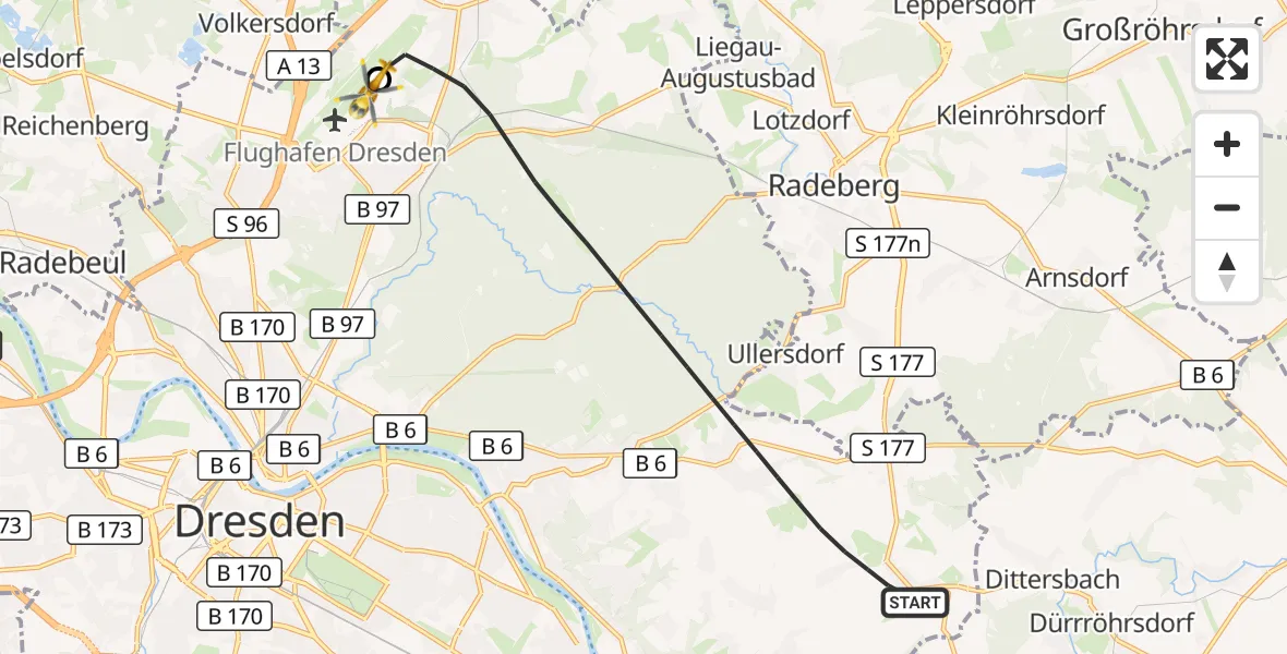 Flugroute Rettungshubschrauber Dresden - Dresden Bundespolizei Hubschrauberlandeplatz, 18 Juli 2026, 19:32