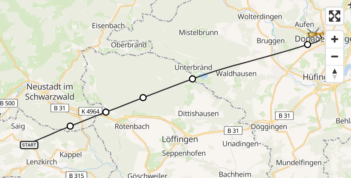 Flugroute Ambulanzhubschrauber Lenzkirch - Donaueschingen, 18 Juli 2026, 19:33