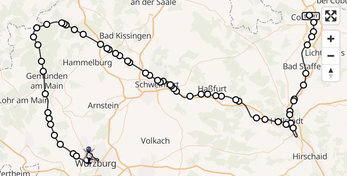 Flugroute Polizeihubschrauber Coburg-Brandensteinsebene Flugplatz - Würzburg-Schenkenturm Flugplatz, 18 Juli 2026, 19:34