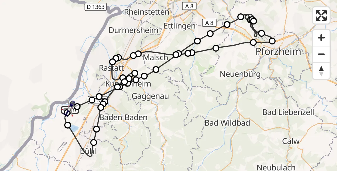 Flugroute Polizeihubschrauber Karlsruhe Baden-Baden Flughafen - Karlsruhe Baden-Baden Flughafen, 18 Juli 2026, 20:02