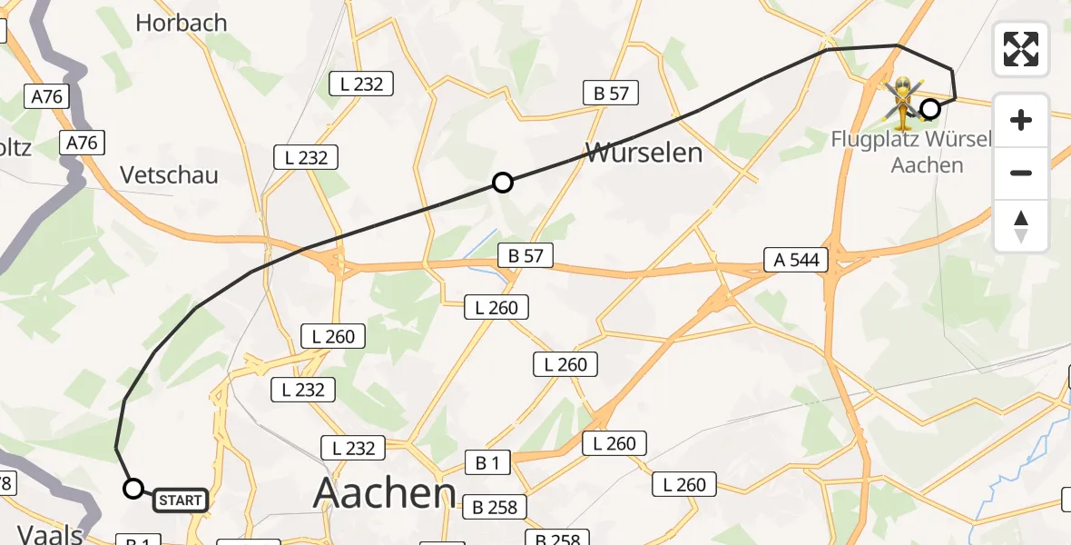 Flugroute Rettungshubschrauber Aachen Hospital - Aachen-Merzbrück Flughafen, 18 Juli 2026, 20:03