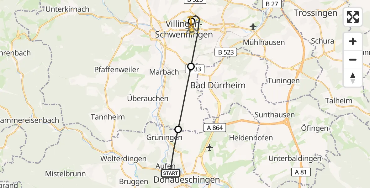 Flugroute Ambulanzhubschrauber Donaueschingen - DRF Air Rescue Station Villingen-Schwenningen Hubschrauberlandeplatz (Christoph 11), 18 Juli 2026, 20:18