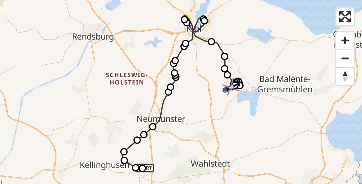 Flugroute Polizeihubschrauber Bad Bramstedt Hubschrauberlandeplatz - Ascheberg (Holstein), 18 Juli 2026, 20:28