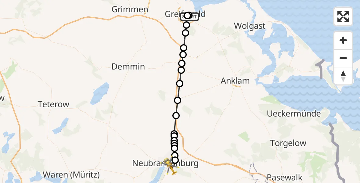 Flugroute Rettungshubschrauber Greifswald Hospital - Neubrandenburg, 18 Juli 2026, 20:40