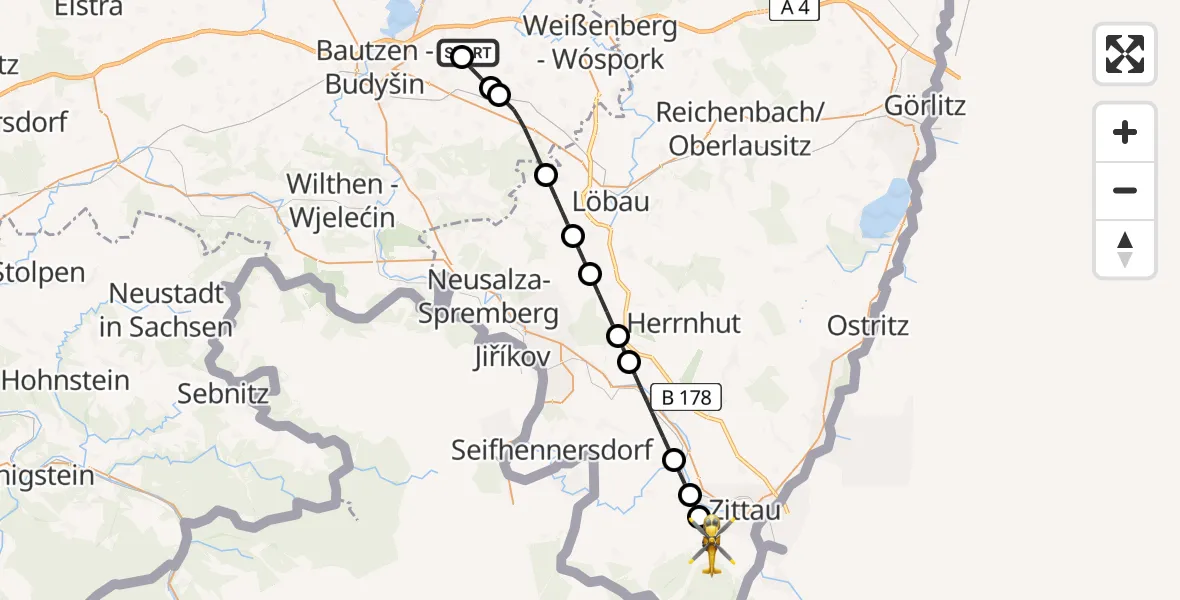 Flugroute Rettungshubschrauber Bautzen Flugplatz - Olbersdorf, 18 Juli 2026, 21:02