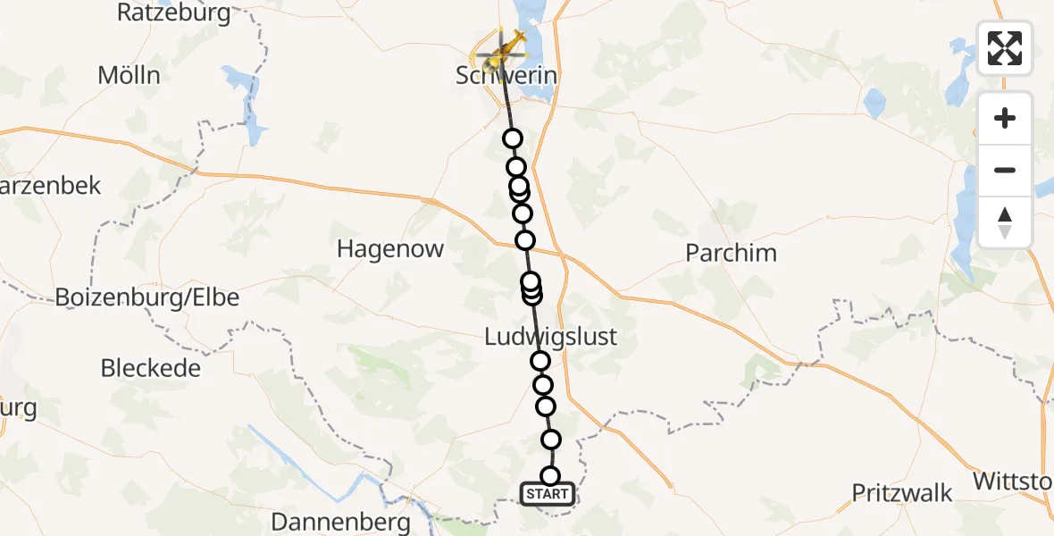 Flugroute Rettungshubschrauber Grabow - Schwerin, 18 Juli 2026, 21:20
