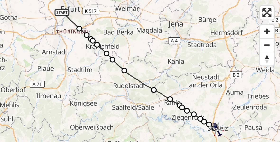 Flugroute Polizeihubschrauber Erfurt - Schleiz, 18 Juli 2026, 21:45