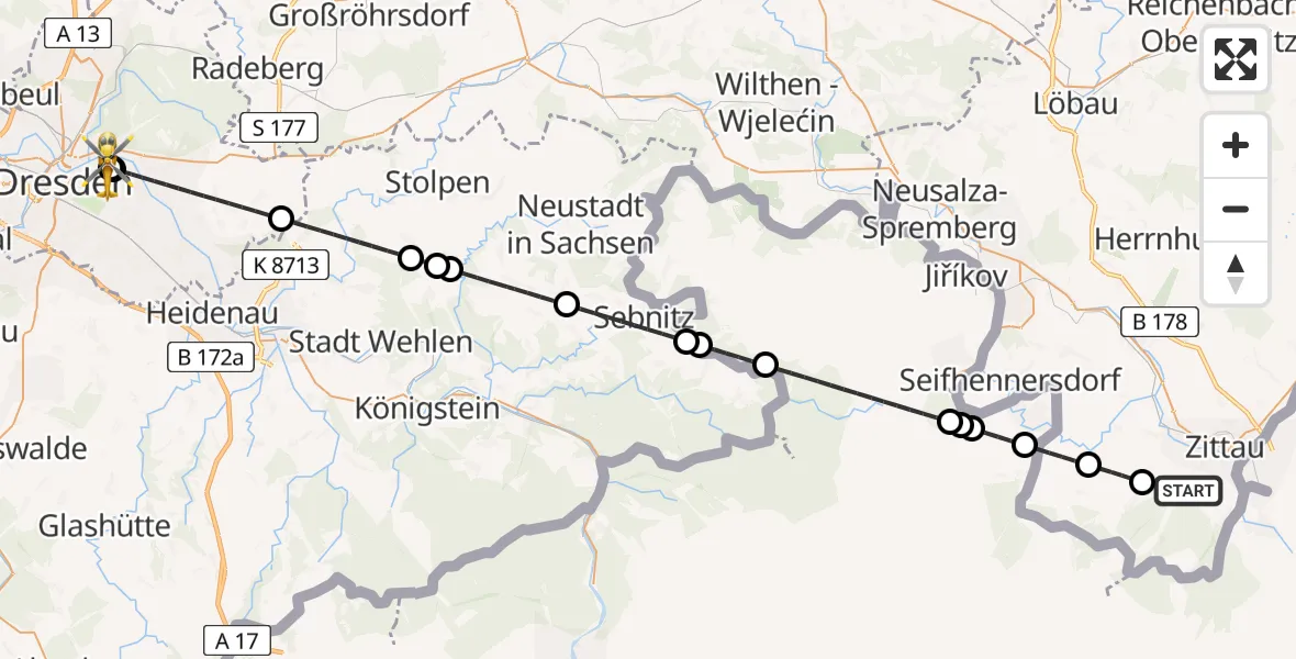 Flugroute Rettungshubschrauber Olbersdorf - Dresden University Hospital, 18 Juli 2026, 21:48