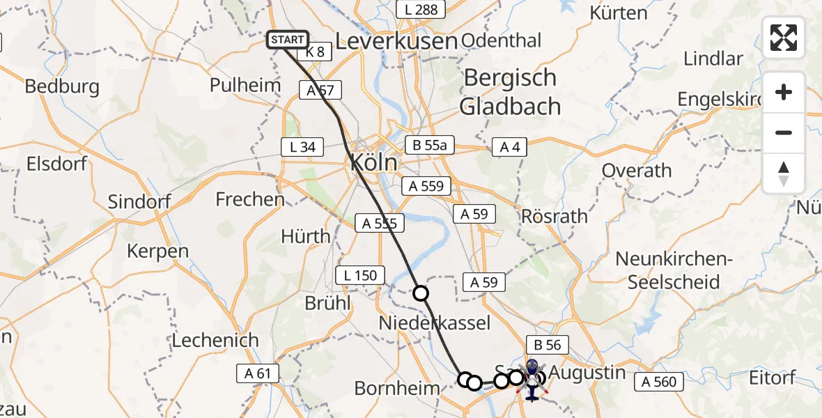 Flugroute Polizeihubschrauber Köln - Sankt Augustin, 18 Juli 2026, 22:22