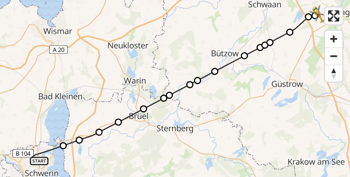 Flugroute Rettungshubschrauber Schwerin - Flughafen Rostock-Laage, 18 Juli 2026, 22:35
