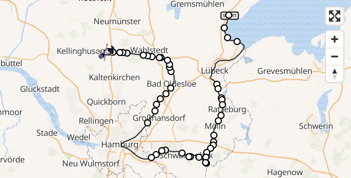 Flugroute Polizeihubschrauber Neustadt in Holstein - Bad Bramstedt Hubschrauberlandeplatz, 18 Juli 2026, 22:44