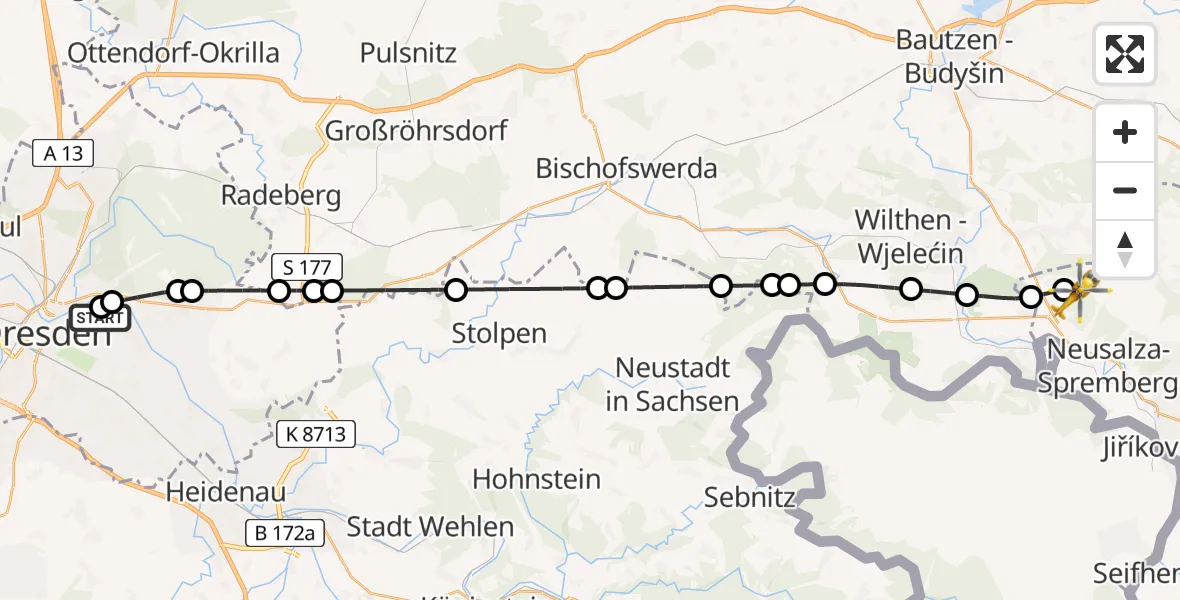 Flugroute Rettungshubschrauber Dresden University Hospital - Beiersdorf, 18 Juli 2026, 22:45