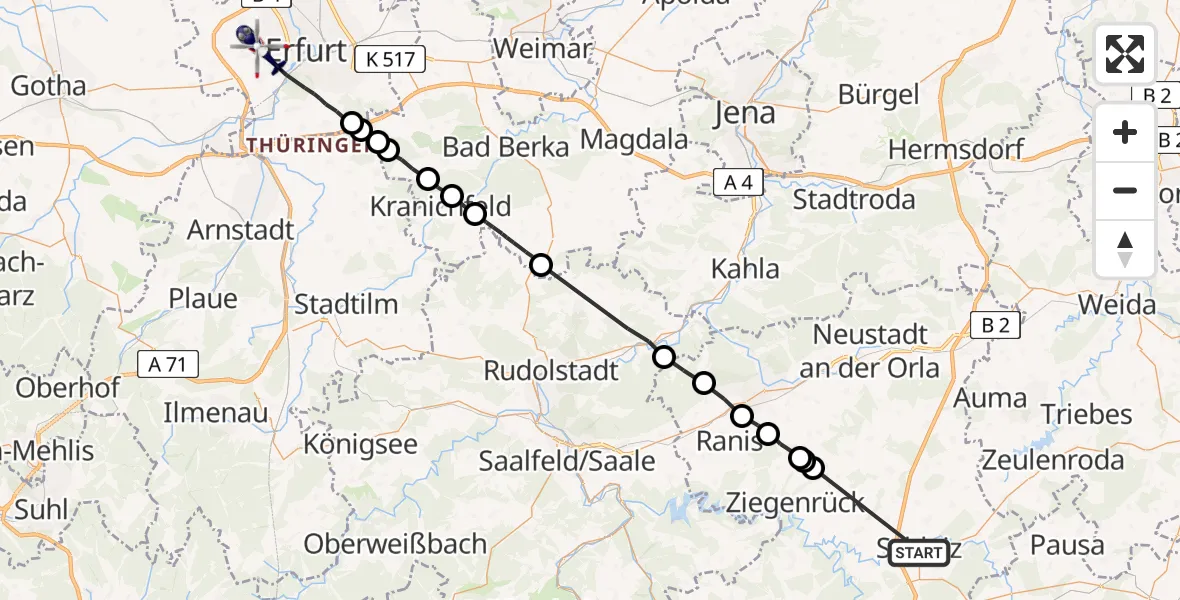 Flugroute Polizeihubschrauber Schleiz - Erfurt-Weimar Flughafen, 18 Juli 2026, 22:51