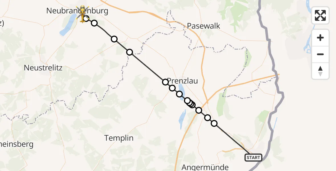 Flugroute Rettungshubschrauber Schwedt/Oder - Neubrandenburg, 18 Juli 2026, 22:55