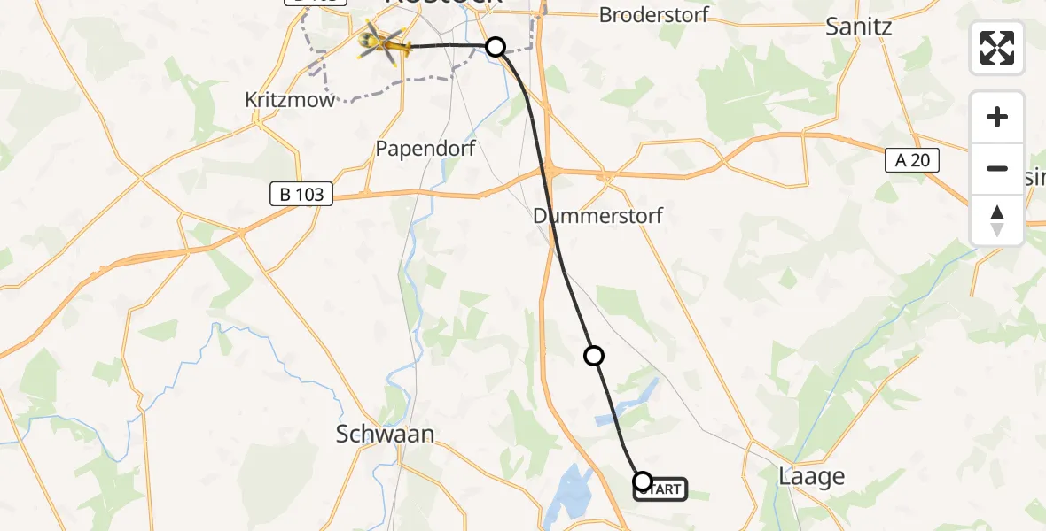 Flugroute Rettungshubschrauber Flughafen Rostock-Laage - Rostock, 18 Juli 2026, 23:07