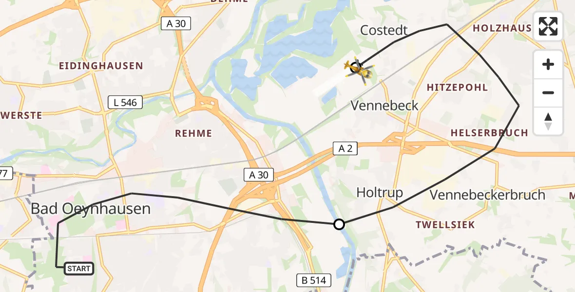 Flugroute Ambulanzhubschrauber Bad Oeynhausen - Porta Westfalica Flugplatz, 18 Juli 2026, 23:16