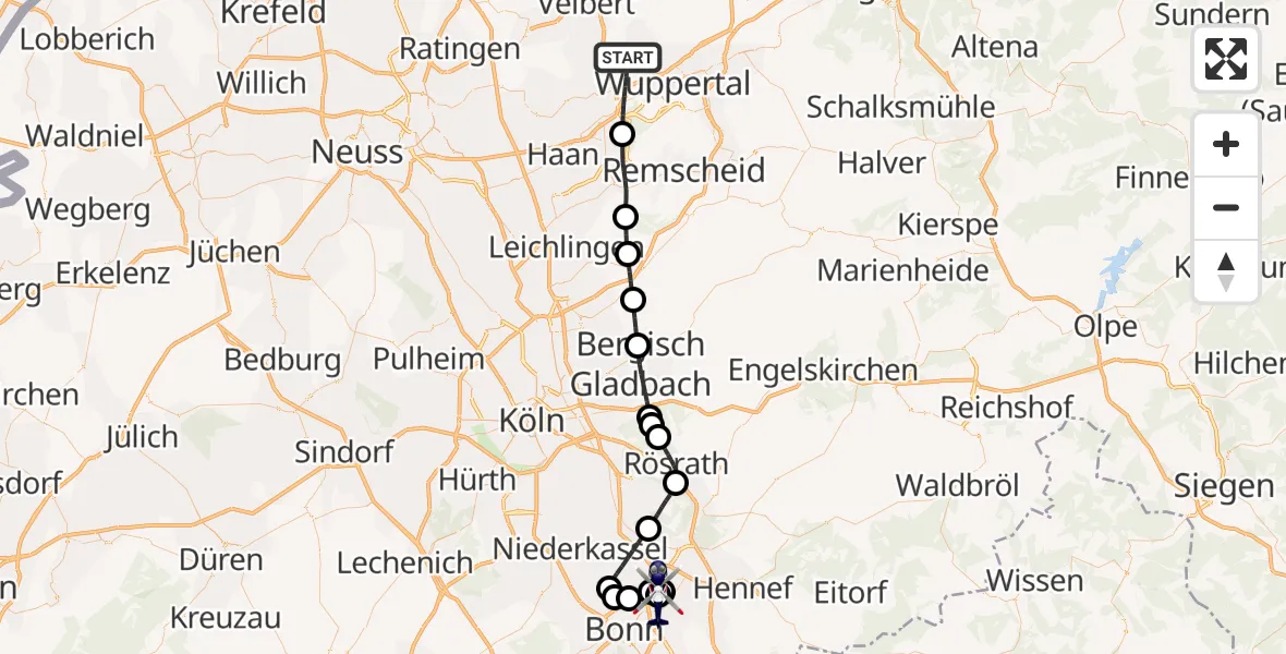 Flugroute Polizeihubschrauber Wuppertal - Sankt Augustin, 18 Juli 2026, 23:47