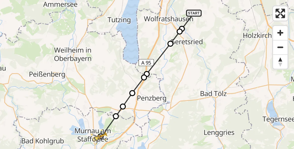 Flugroute Rettungshubschrauber Egling - Murnau a.Staffelsee, 18 Juli 2026, 23:59