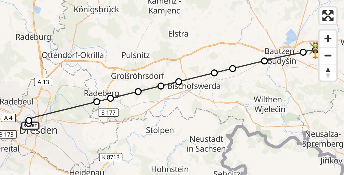 Flugroute Rettungshubschrauber Dresden Friedrichstadt Hospital - Bautzen Flugplatz, 19 Juli 2026, 00:15