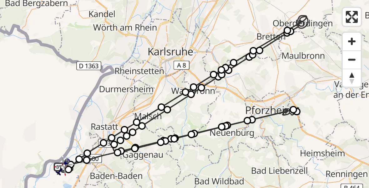 Flugroute Polizeihubschrauber Karlsruhe Baden-Baden Flughafen - Karlsruhe Baden-Baden Flughafen, 19 Juli 2026, 00:22