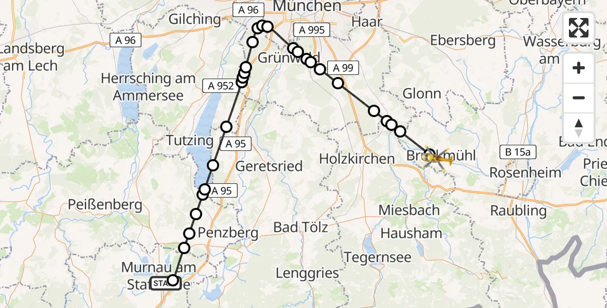 Flugroute Rettungshubschrauber Murnau a.Staffelsee - Bruckmühl, 19 Juli 2026, 00:35