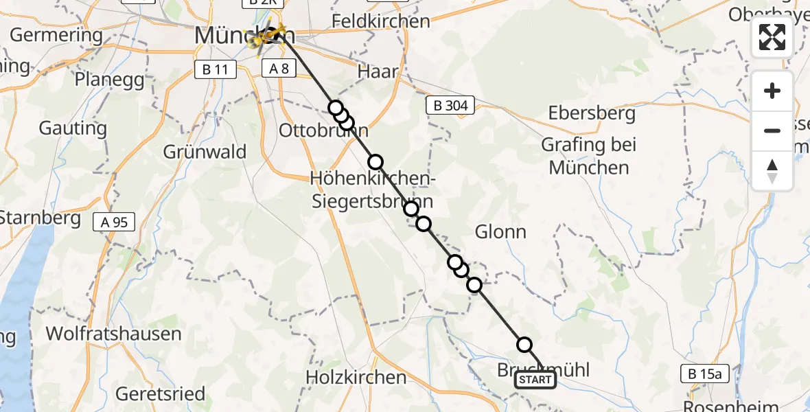 Flugroute Rettungshubschrauber Bruckmühl - Rechts der Isar University Hospital, 19 Juli 2026, 01:44