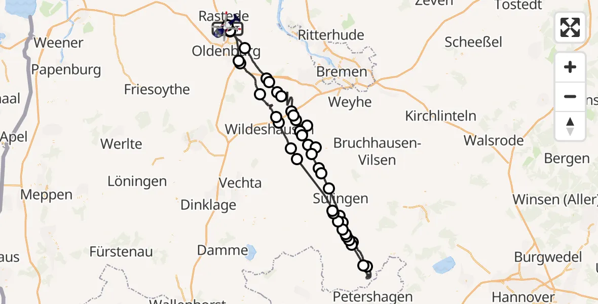 Flugroute Polizeihubschrauber Rastede - Oldenburg Police Hubschrauberlandeplatz, 19 Juli 2026, 02:13