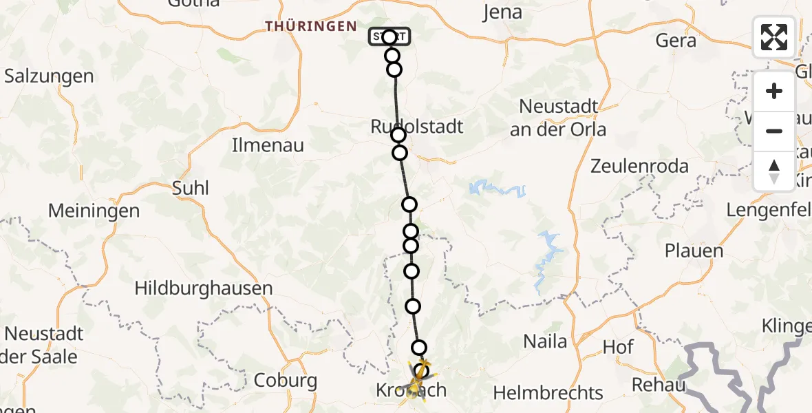 Flugroute Ambulanzhubschrauber DRF Rettungsstation Bad Berka Hubschrauberlandeplatz - Kronach, 19 Juli 2026, 02:40