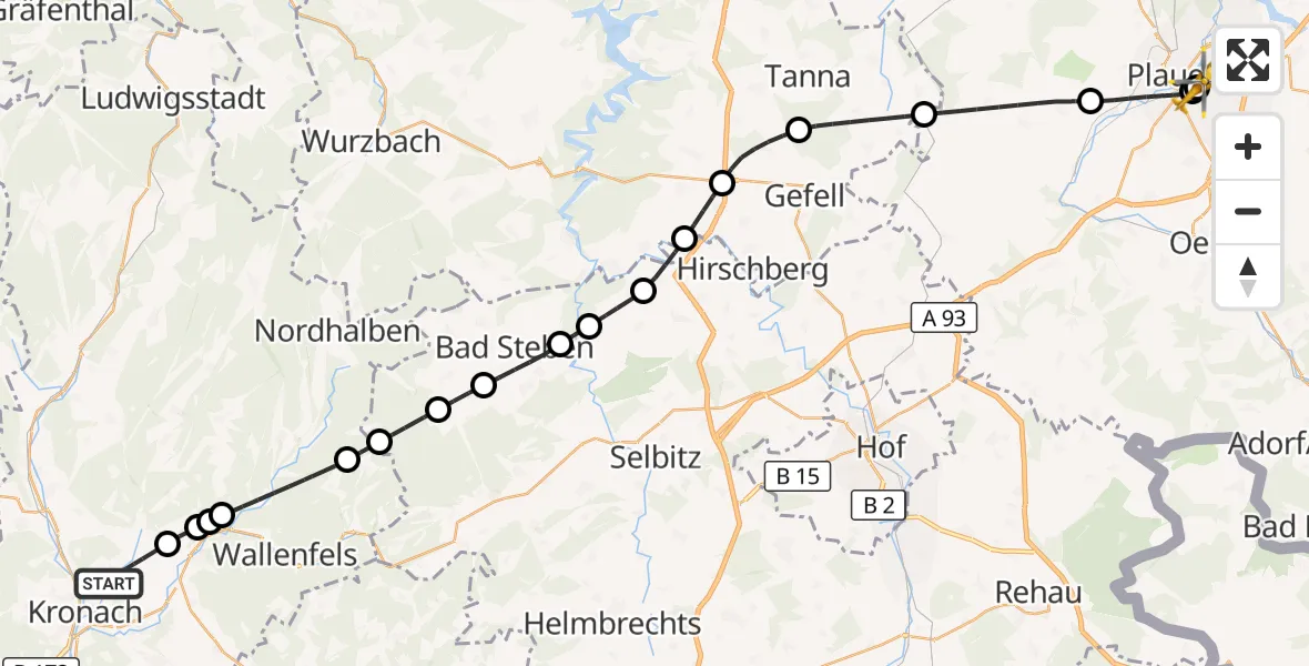 Flugroute Ambulanzhubschrauber Kronach - Helios Clinic Plauen, 19 Juli 2026, 03:44
