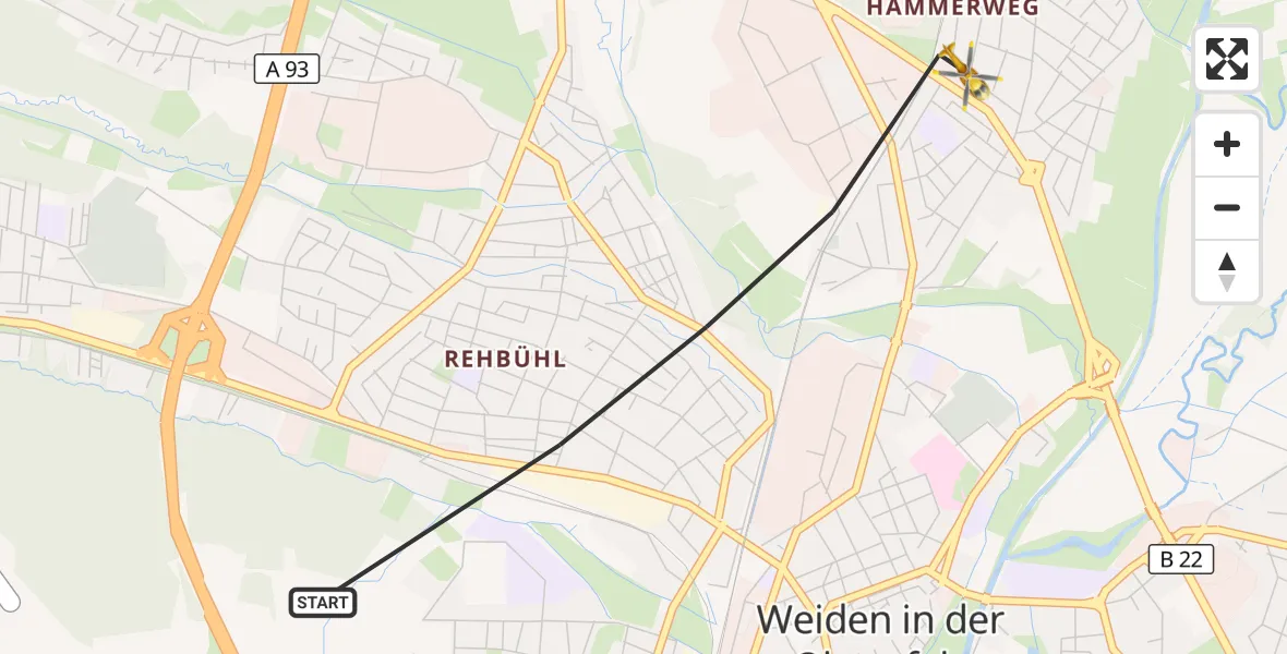 Flugroute Ambulanzhubschrauber Weiden i.d.OPf. - Weiden i.d.OPf., 19 Juli 2026, 05:17