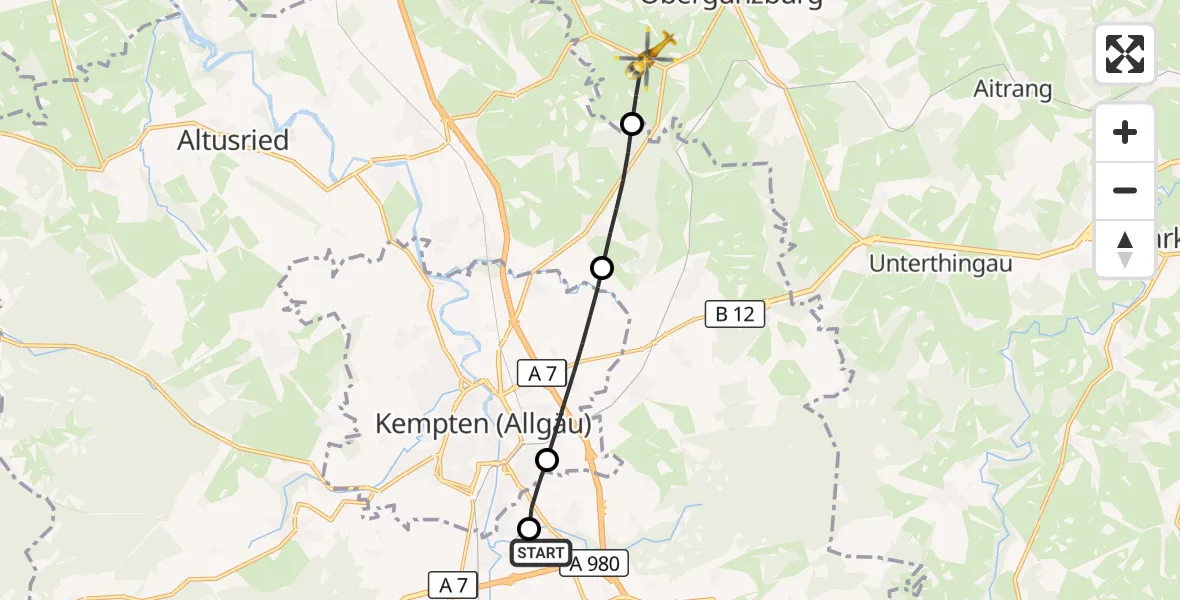 Flugroute Rettungshubschrauber Kempten-Durach Flugplatz - Untrasried, 19 Juli 2026, 05:42