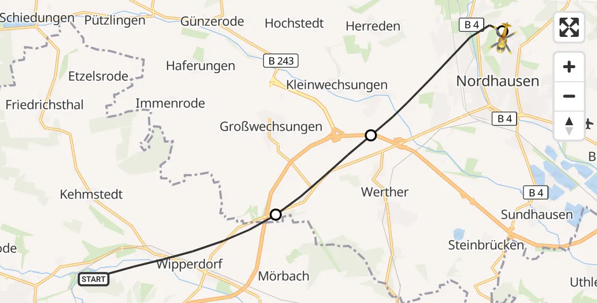 Flugroute Rettungshubschrauber Bleicherode - Südharz Hospital Nordhausen, 19 Juli 2026, 05:43