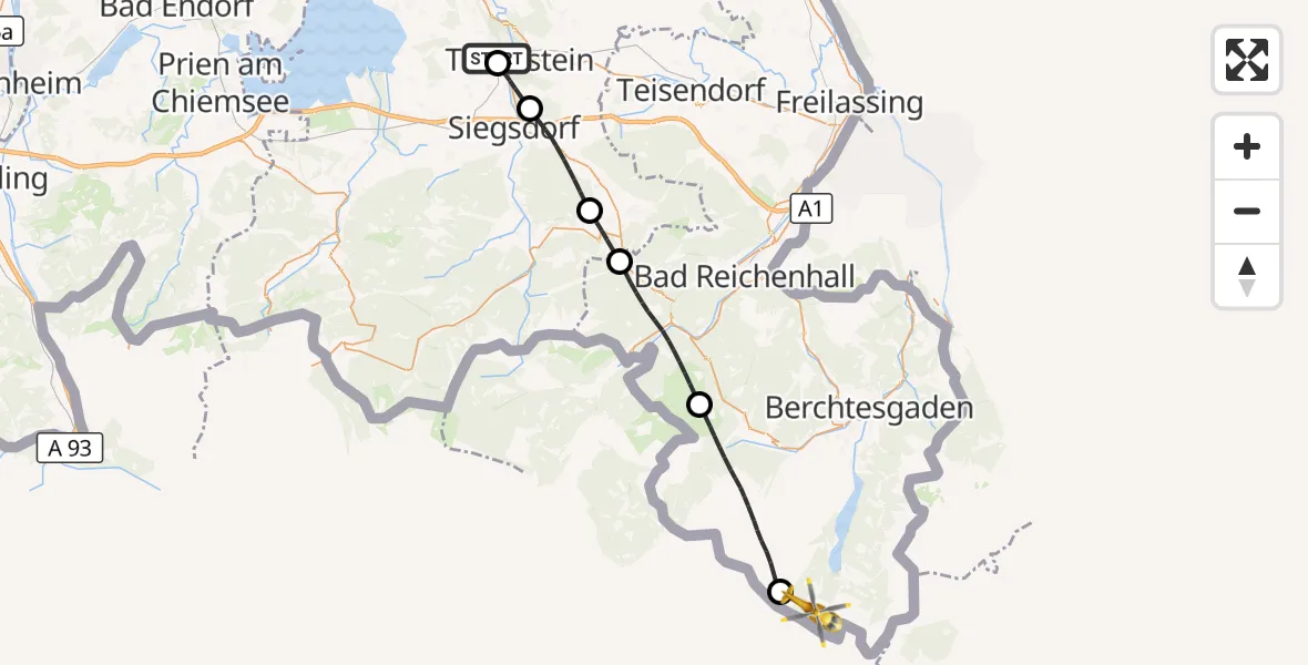 Flugroute Rettungshubschrauber Traunstein Hospital - Schönau a.Königssee, 19 Juli 2026, 05:59