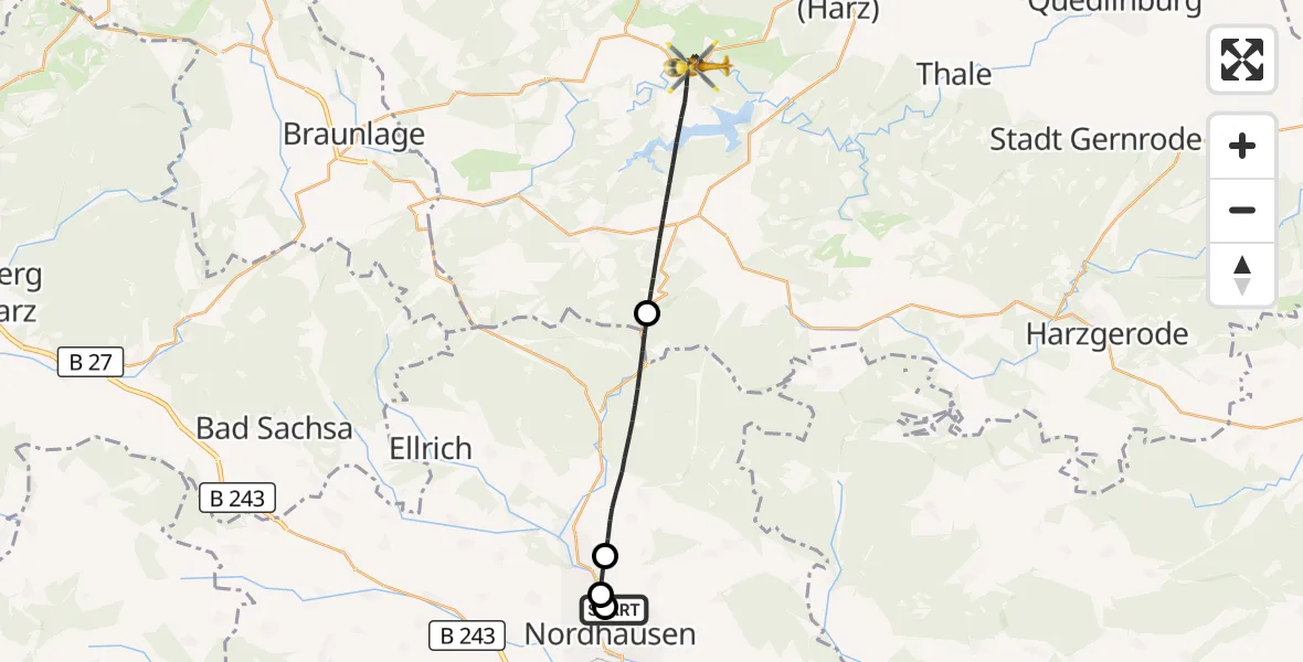 Flugroute Rettungshubschrauber Südharz Hospital Nordhausen - Oberharz am Brocken, 19 Juli 2026, 06:01