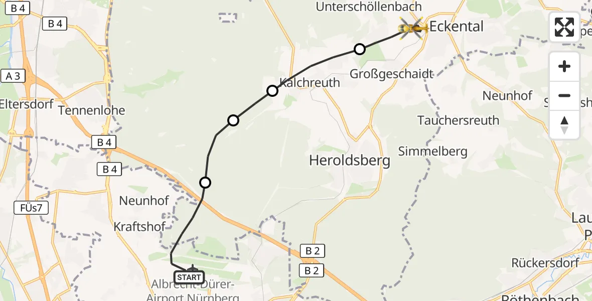 Flugroute Ambulanzhubschrauber Flughafen Nuremberg - Eckental, 19 Juli 2026, 06:19