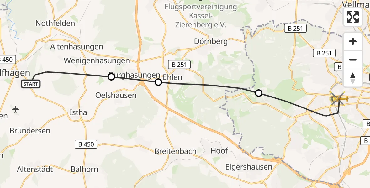 Flugroute Rettungshubschrauber Wolfhagen - Kassel, 19 Juli 2026, 06:24