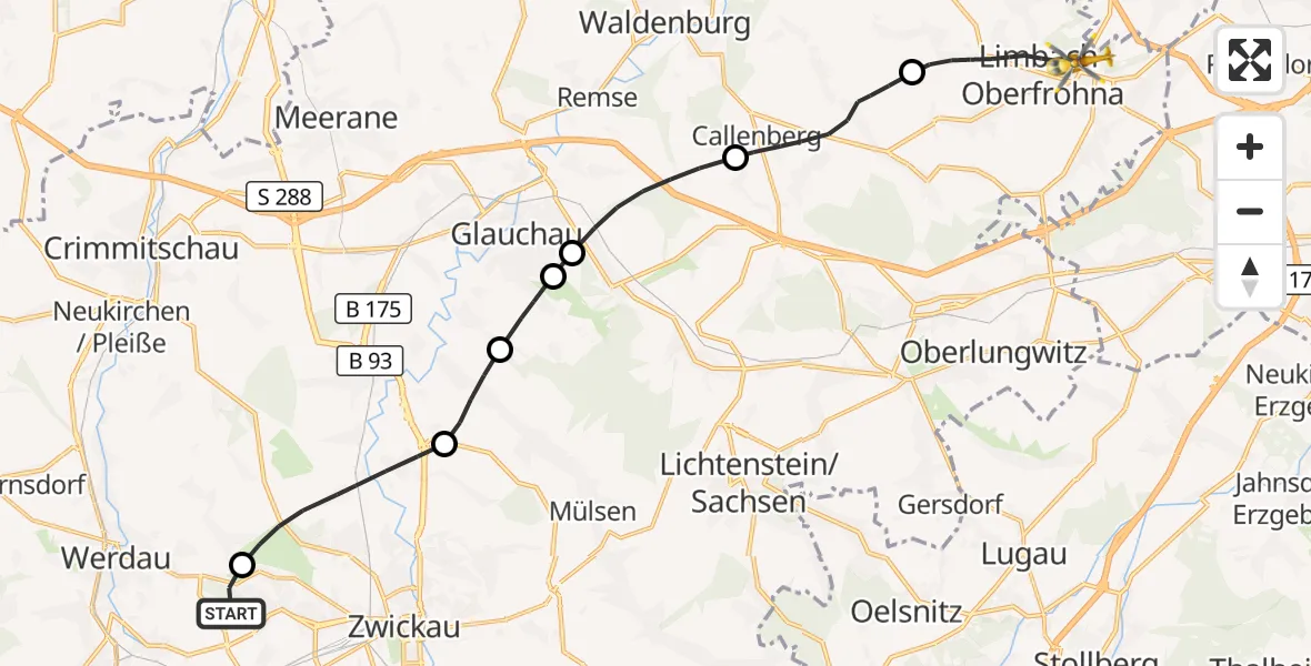 Flugroute Rettungshubschrauber Werdau - Limbach-Oberfrohna, 19 Juli 2026, 06:33