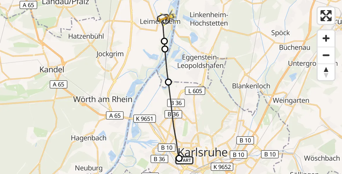 Flugroute Ambulanzhubschrauber Sankt Vincentius Hospital - Leimersheim, 19 Juli 2026, 06:34
