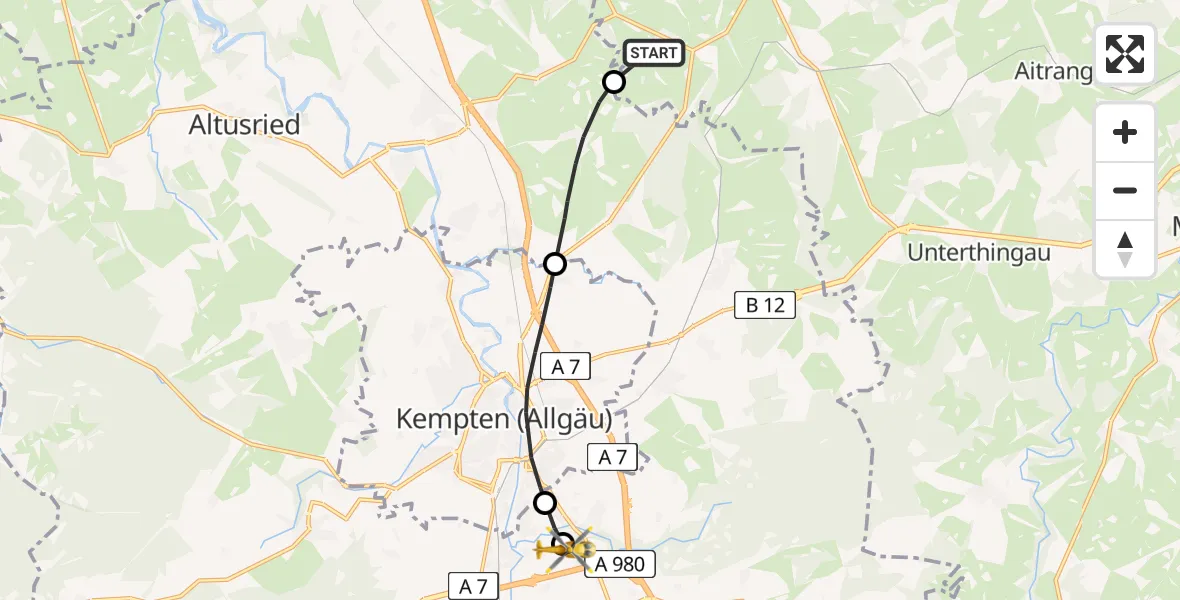 Flugroute Rettungshubschrauber Untrasried - Kempten-Durach Flugplatz, 19 Juli 2026, 06:38