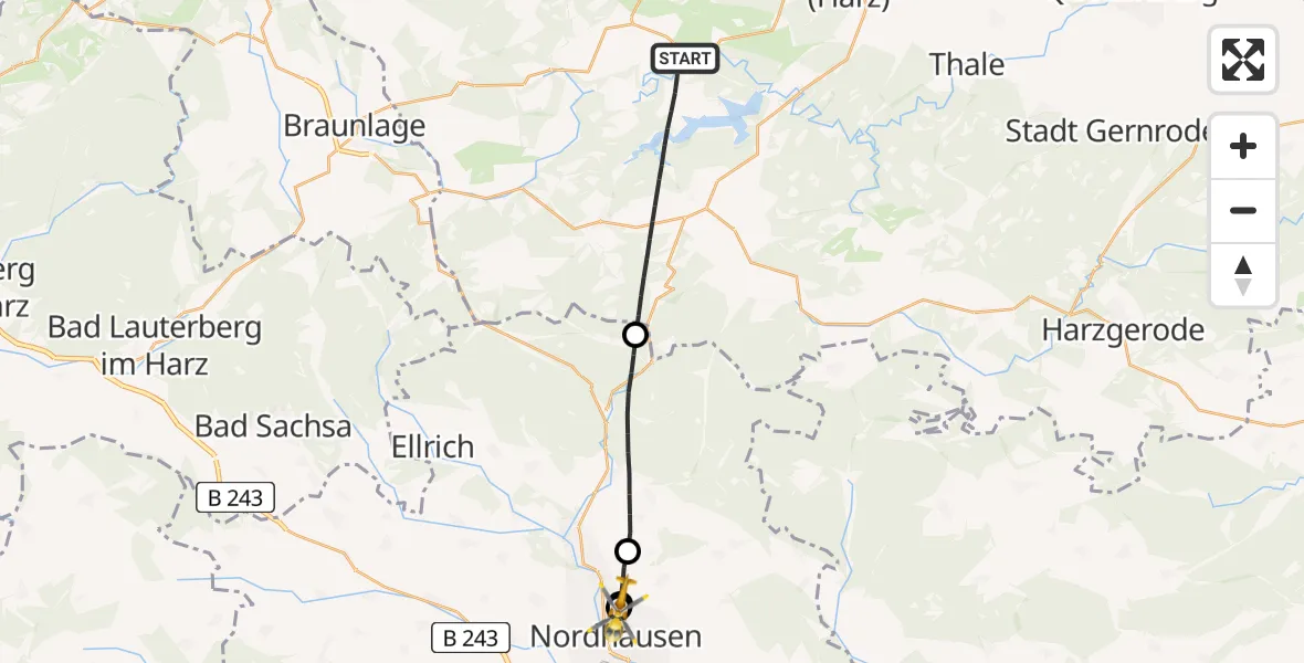 Flugroute Rettungshubschrauber Oberharz am Brocken - Südharz Hospital Nordhausen, 19 Juli 2026, 06:43