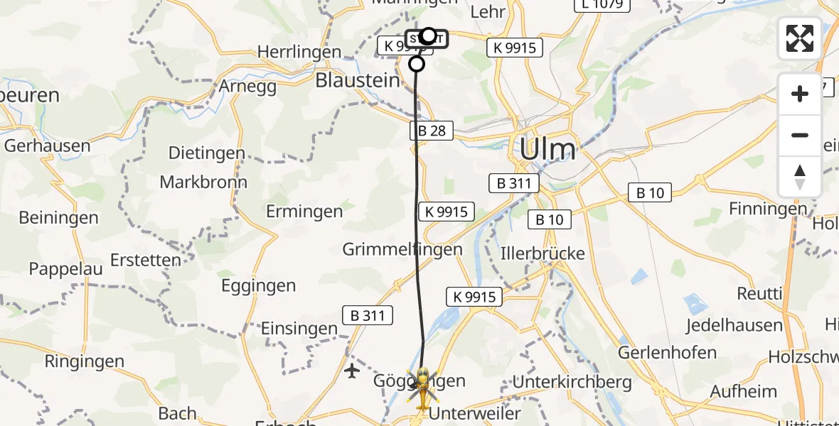 Flugroute Rettungshubschrauber Ulm Military Hospital Emergency - Ulm, 19 Juli 2026, 06:53