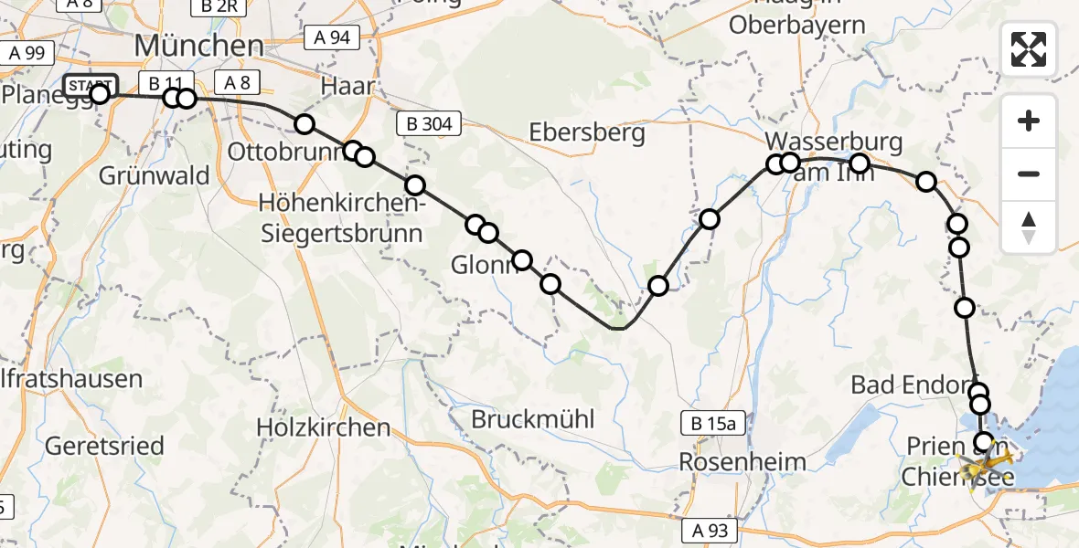 Flugroute Rettungshubschrauber DRF Air Rescue München Hubschrauberlandeplatz - RoMed Klinikum Prien Hubschrauberlandeplatz, 19 Juli 2026, 07:02