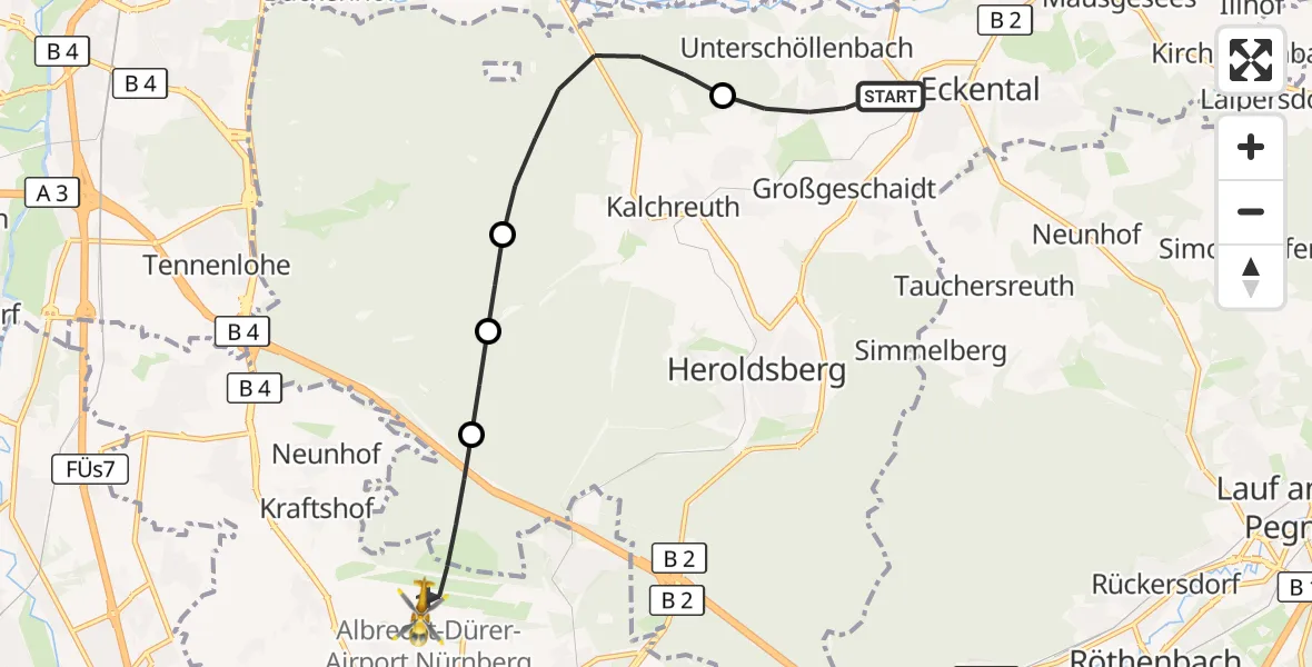 Flugroute Ambulanzhubschrauber Eckental - Flughafen Nuremberg, 19 Juli 2026, 07:14