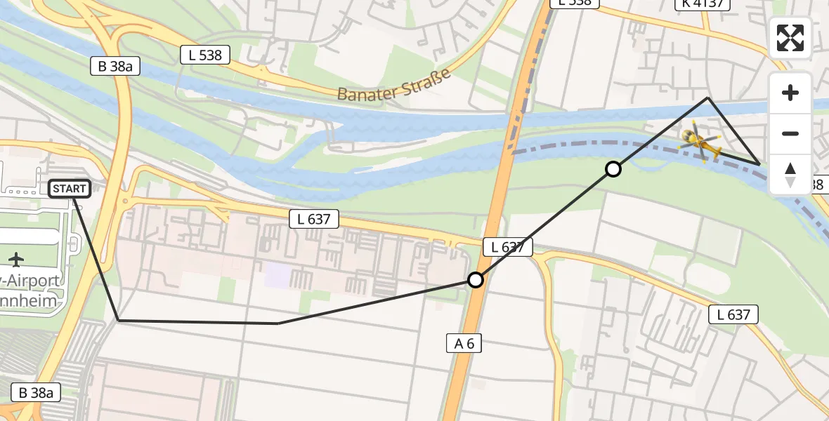 Flugroute Rettungshubschrauber Mannheim-City Flughafen - Ilvesheim, 19 Juli 2026, 07:19