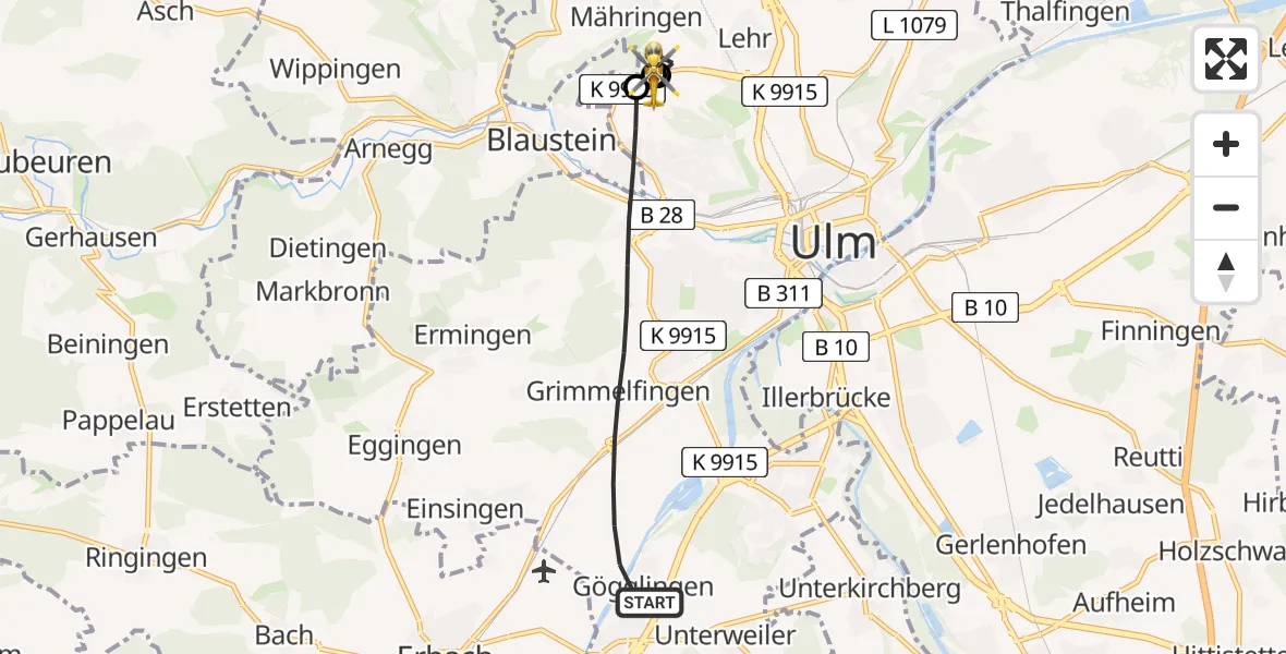 Flugroute Rettungshubschrauber Ulm - ADAC Air Rescue Station Ulm (Christoph 22), 19 Juli 2026, 07:28
