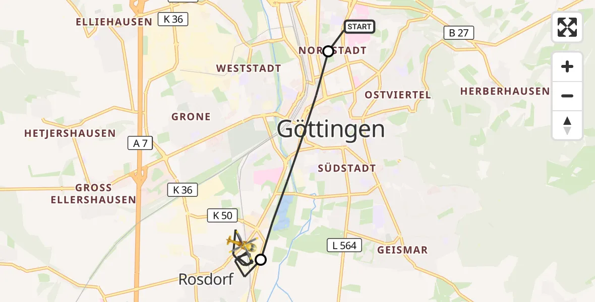 Flugroute Rettungshubschrauber Göttingen University Clinic Hubschrauberlandeplatz - Rosdorf, 19 Juli 2026, 07:54