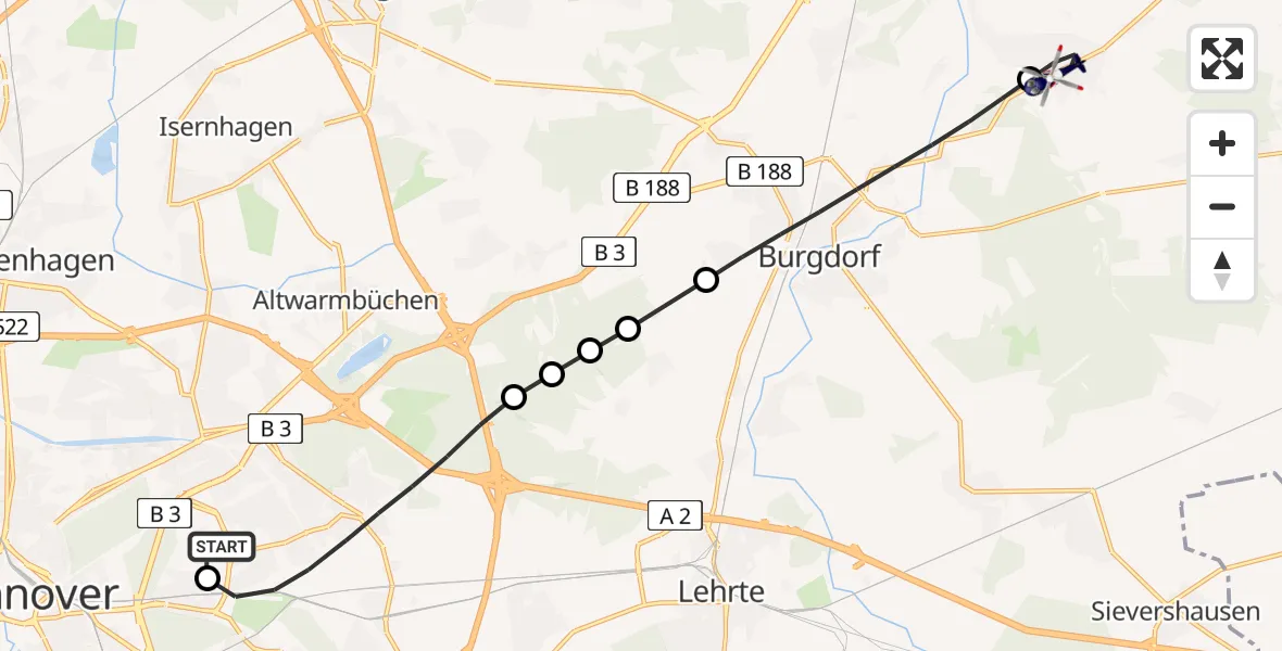 Flugroute Polizeihubschrauber Hannover Luftrettung Hubschrauberlandeplatz (Christoph 4) - Uetze, 19 Juli 2026, 07:54