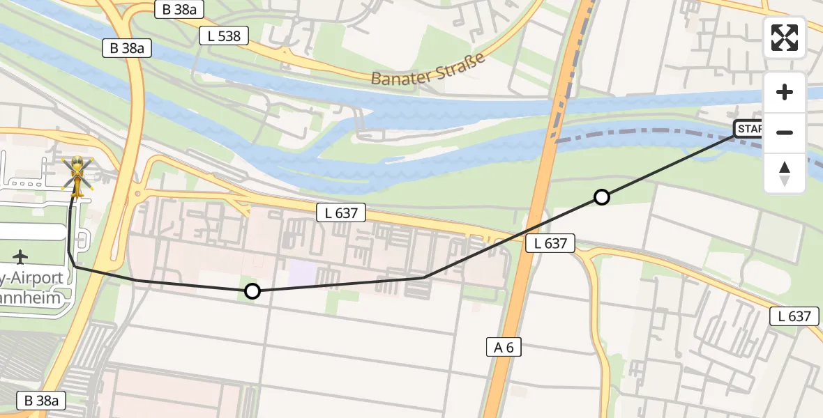 Flugroute Rettungshubschrauber Ilvesheim - Mannheim-City Flughafen, 19 Juli 2026, 07:55