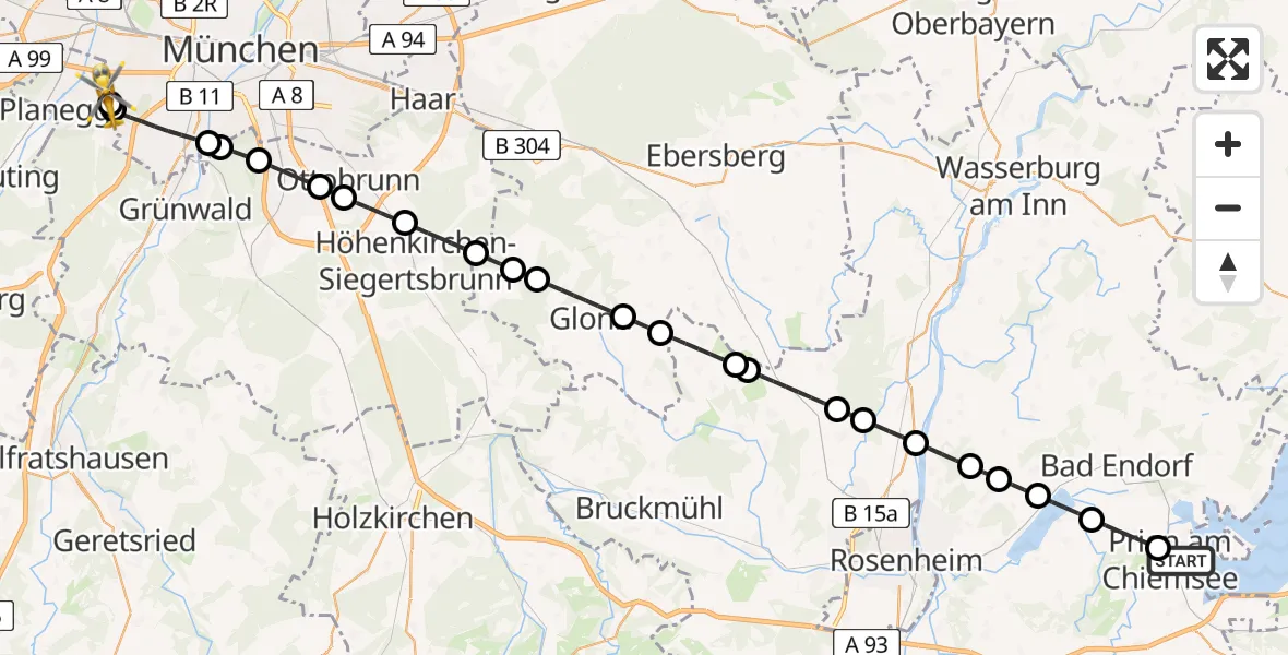 Flugroute Rettungshubschrauber Prien a.Chiemsee - DRF Air Rescue München Hubschrauberlandeplatz, 19 Juli 2026, 08:15