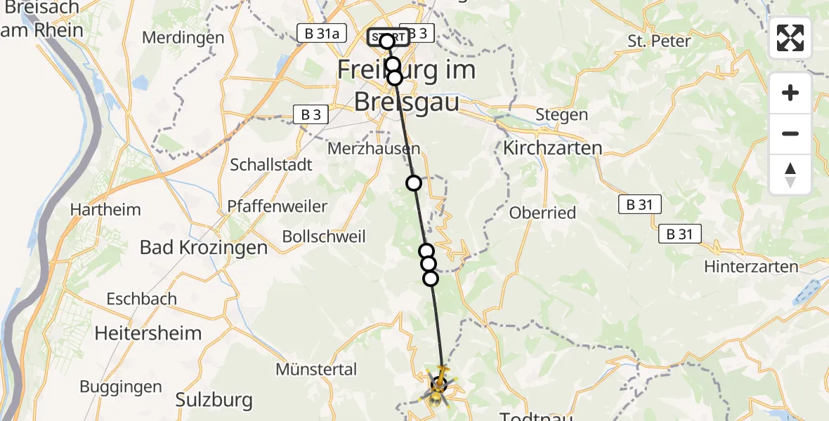 Flugroute Ambulanzhubschrauber Freiburg im Breisgau Flugplatz - Wieden, 19 Juli 2026, 08:18